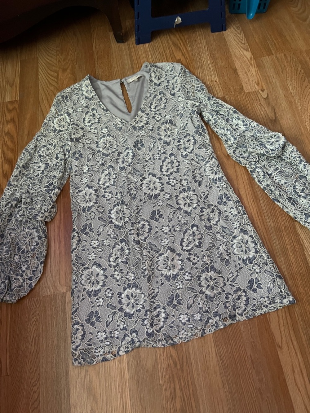 Wayf Lace Overlay Midi Dress in Light Blue and Ivory